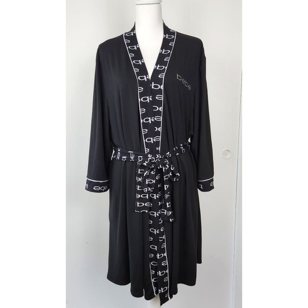 Bebe Sleepwear Black & White Kimono Style Belted Robe W Rhinestone Logo, XL